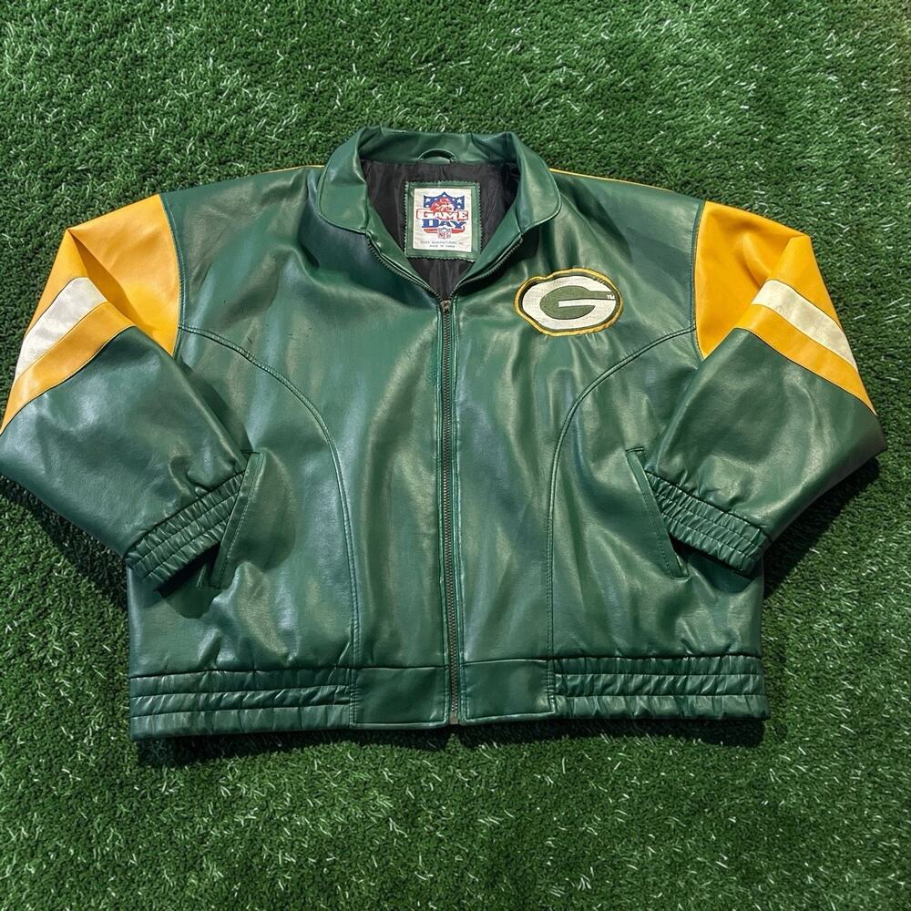 Vintage 90s Green Bay Packers Faux‎ Leather Bomber Jacket Game Day NFL Men’s L